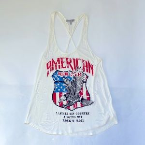 AMERICAN ROCKSTAR ROCK N ROLL DISTRESSED RACERBACK TEE